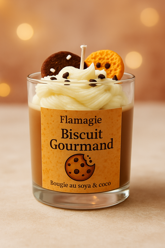 ✨ Bougie gourmande Flamagie Biscuit Gourmand en cire de soya et coco, parfum sucré et chaleureux.